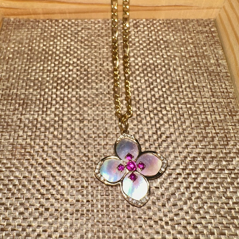 14k Gold Figaro Chain w/Diamond, Ruby Mother of Pearl Clover Flower Necklace